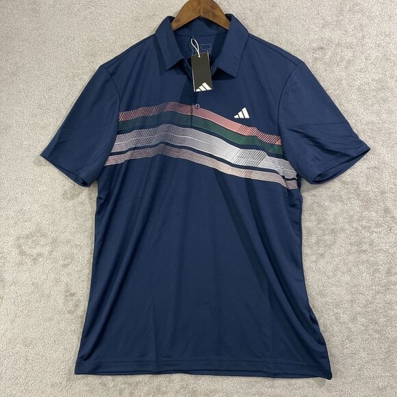 NEW Adidas Mens L Core Chest Stripe Polo Golf Shirt Navy - Picture 2 of 8